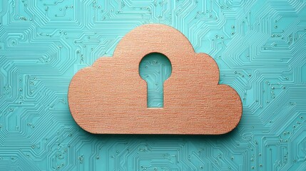 Poster - Cloud computing optimize. A wooden cloud icon with a keyhole, set against a turquoise circuit board background, symbolizing cloud security and protection.