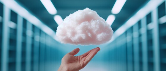 Poster - Cloud computing optimize. A hand holds a fluffy pink cloud, symbolizing creativity and imagination, set against a modern, futuristic background.