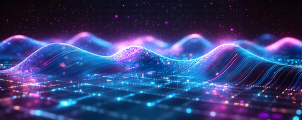 Poster - Abstract Digital Waves Neon Lights Glowing Data Flow