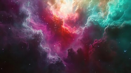 A cosmic illustration showing colorful galaxies in a realistic style, featuring radiant stars and swirling clouds of cosmic dust. 