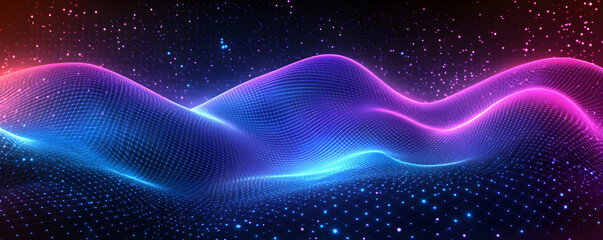 Poster - Abstract Blue Purple Neon Wave Grid Pattern