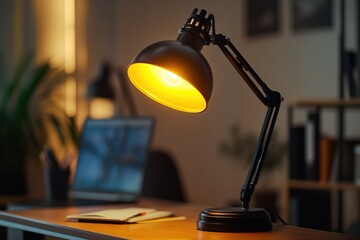 Poster - A single desk lamp sits atop a wooden desk, providing focused lighting