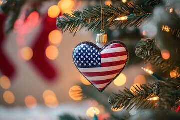 Poster - A heart-shaped ornament hangs from a Christmas tree branch