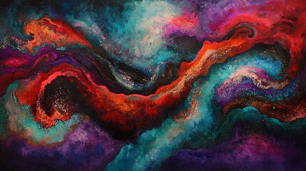 A cosmic illustration showing colorful galaxies in a realistic style, featuring radiant stars and swirling clouds of cosmic dust. 