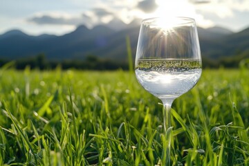 Leinwandbilder - A glass of water sitting on a lush green field, great for use in nature-inspired designs or as a symbol of purity