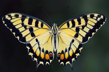 Wall Mural - A close-up image of a yellow and black butterfly perched on a green plant leaf