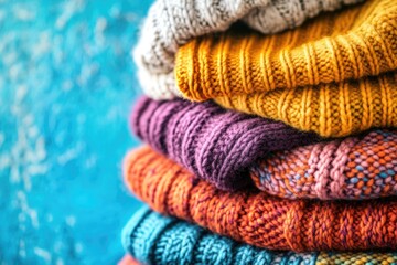 Aufkleber - Colorful knitted sweaters piled high on a blue background, perfect for fashion or textile designs