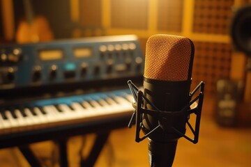 Poster - Microphone and keyboard setup in a professional recording studio