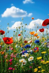 Poster - Wildflowers in a sunny meadow with a blue sky