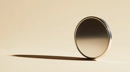 Poster - Financial investments and market fundamentals. A reflective coin rests on a beige surface, casting a shadow that emphasizes its circular form and smooth texture.