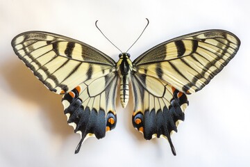 Poster - A large butterfly sits on a white surface, its wings spread wide
