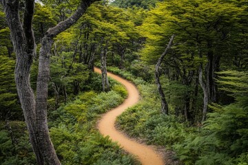 Poster - A narrow dirt path winds its way through a dense and vibrant green forest