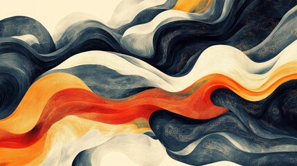 Poster - Vibrant waves of orange, black, and white intertwine, creating an immersive and dynamic composition that evokes a sense of motion and depth