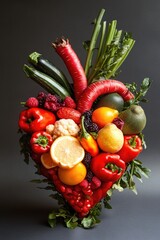 Poster - A creative arrangement of colorful fruits and vegetables in the shape of a heart, perfect for healthy eating or as a decoration