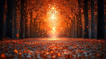 Aufkleber - Serene Autumn Landscape with Vibrant Orange Leaves Illuminated by Soft Light, Capturing the Essence of Fall in a Tranquil Forest Pathway