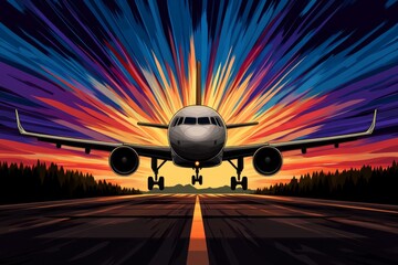 Poster - A pixel art depiction of an airplane flying through a vibrant pixelated sky, leaving a trail of colorful contrails