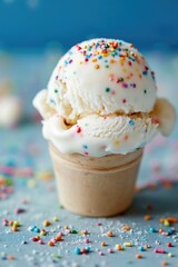 Poster - A colorful scoop of ice cream with sprinkles on a table, ready to be enjoyed
