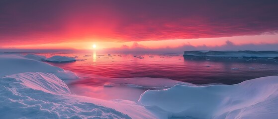 Aufkleber - Breathtaking Arctic Sunset Over Icy Waters with Vibrant Sky Reflecting on Calm Sea Surrounded by Snow-Covered Ice and Glacial Formations