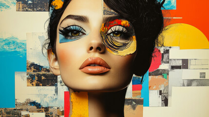 Poster - Modern Pop Art Collage Portrait of a Young Woman, Contemporary Abstract Poster with Retro Vibe, Vibrant Colors, Artistic Expression, Mixed Media