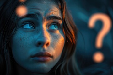 Aufkleber - A woman looks uncertain with a question mark written on her face