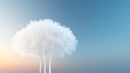 Wall Mural - A serene landscape featuring three white trees against a soft gradient sky, Ideal for themes of tranquility, nature, or winter, this image can be used in blogs, websites, or print materials,