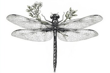 Poster - A close-up image of a dragonfly perched on a white surface, its wings spread wide