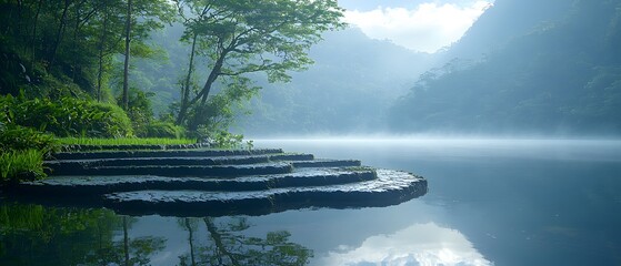 Poster - Tranquil Misty Lake Surrounded by Lush Greenery and Steep Mountain Ranges Under Soft Morning Light Creating a Serene Nature Scene