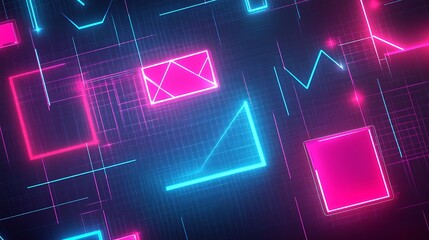 Poster - Bright neon grid pattern showcasing geometric shapes in vivid pink and blue hues