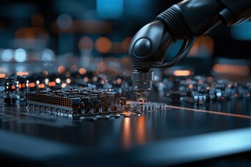 Fototapete - A robot is working on a computer chip