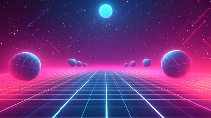 Poster - Vibrant neon grid pattern featuring glowing spheres in a cosmic landscape