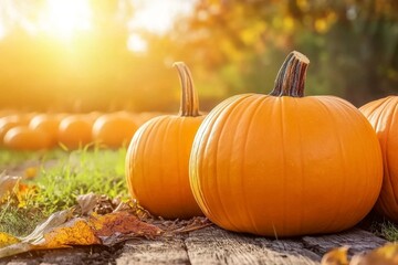 Poster - A pumpkin patch at sunset, with warm golden light casting long shadows over rows of bright orange pumpkins
