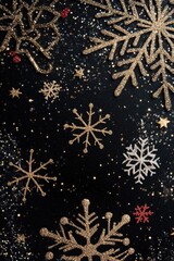 Poster - A close-up shot of unique snowflakes falling onto a dark surface, perfect for use in winter-themed designs and illustrations