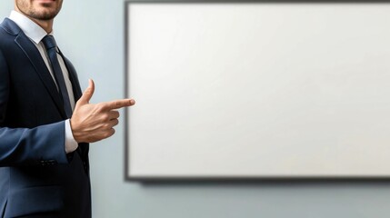 Poster - Market News and economic analysis. A business professional in a suit gestures towards a blank presentation board, suggesting a presentation or meeting context.