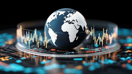 Poster - market news and economic analysis. a globe surrounded by data waves, symbolizing global connectivity