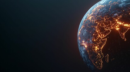 Poster - Market News and economic analysis. A glowing view of Earth at night, showcasing illuminated cities and regions, set against a dark background.