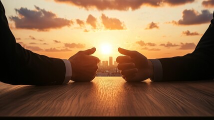 Poster - Market News and economic analysis. Two business people sit across from each other, hands poised, as the sun sets over a city skyline, symbolizing collaboration and opportunity.