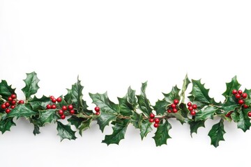 Poster - Fresh holly leaves with bright red berries on a white background