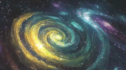 A mesmerizing illustration of galaxies in realistic style, with intricate details of colorful swirling gas clouds and radiant stars.