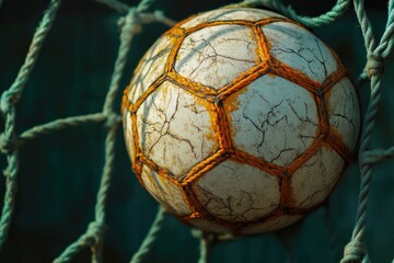 Poster - A soccer ball stuck in a net on a green background, perfect for sports-themed designs or illustrations