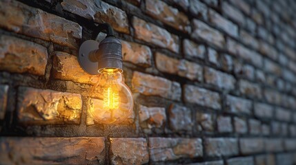 Leinwandbilder - A lone light shines brightly on a brick wall in a dark or dimly lit environment