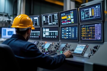 Poster - Man in hard hat sits at control panel, monitoring equipment