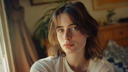 Poster - A person sitting in front of a window, looking directly at the camera