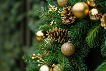 Poster - A detailed view of a Christmas tree decorated with shiny gold ornaments, perfect for holiday greeting cards or festive advertisements