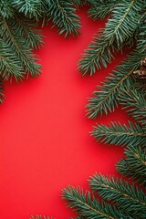 Poster - A red background with pine branches and pine cones, perfect for winter or nature-themed designs