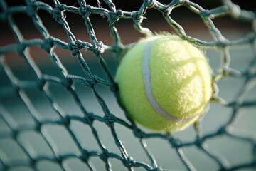 Poster - A tennis ball trapped inside a tennis net