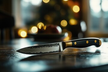 Poster - A single knife placed on a wooden surface, ready for use