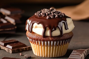 Poster - A delicious-looking chocolate cupcake with white frosting and chocolate chips, perfect for a sweet treat or dessert