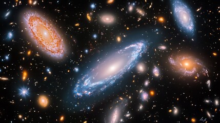 Wall Mural - a realistic depiction of galaxies in vibrant colors, with glowing nebulae and star clusters scattere