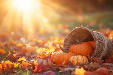 Poster - A collection of pumpkins resting on a bed of fall leaves