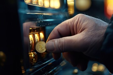Poster - A man is playing a slot machine and inserting a gold coin